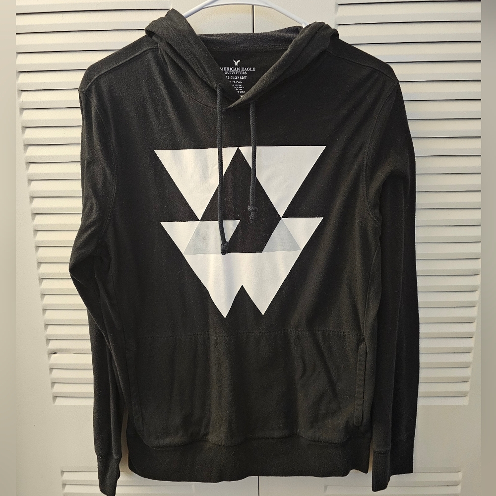 American Eagle Men's Black Graphic Long Sleeve Top with Hood - Size XS